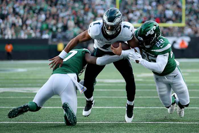 Quarterback Jalen Hurts and the Philadelphia Eagles lost to the New York Jets Sunday.